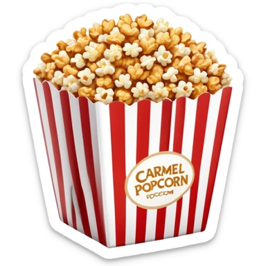 caramel popcorn in a large red and white vertically striped package, thick bold stripes, golden brown caramel popcorn, minimalist design, no text or additional elements on package, only thick red and white stripes pattern, glossy iOS emoji style sticker