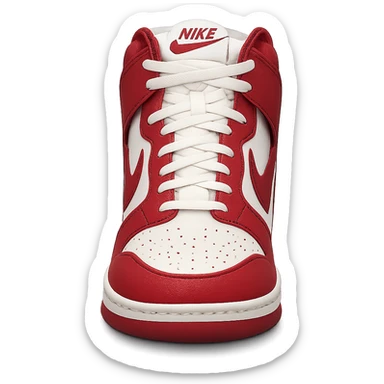 Nike sneaker, retro high-top, red and white, front view, minimal background sticker