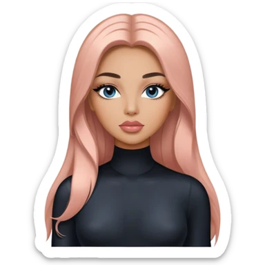 Glamours, tanned, very beautiful girl, with big pump peach-beige-rose lips, long long lashes, black straight smooth silky long hair, straight parting hair, blue-grey eyes in black long-sleeves bodysuit sticker