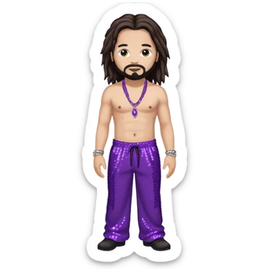Jonathan Davis with purple sequin baggy pants, shirtless with necklace, long dark brown hair, light skin sticker