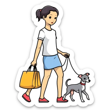 Pretty Asian girl with attractive features walking an all grey Italian greyhound with no white nose sticker