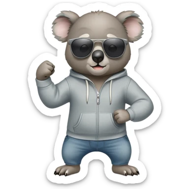 anthropomorphised koala, full body, wearing a hoodie and jeans, dark sunglasses, shaking fist sticker
