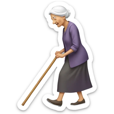 old women walking with  short stick and should bend sticker