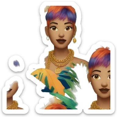 Person wearing funky tropical outfit collage with gold chain necklace and blue and ginger dyed hair sticker