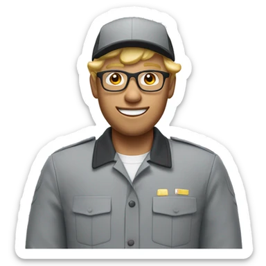 blonde wavy  short hair man with acne and glasses in mcdonald’s uniform and wearing mcdonald hat sticker
