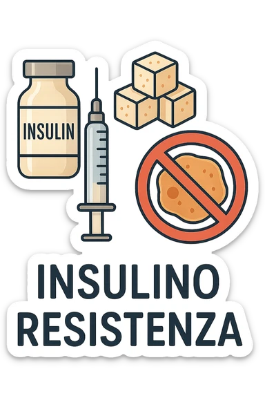 Create a realistic and clear icon of insulin resistance with no background and a 2:3 aspect ratio. Insert the Italian text 'Insulino Resistenza'. The symbol should include insulin, glucose, and a cell with a block or resistance sign, in a clean style. sticker