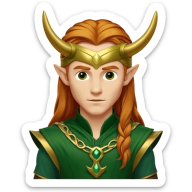 Loki, God of Mischief from Gods and Goddesses with long reddish blonde hair, gold and dark green outfit sticker