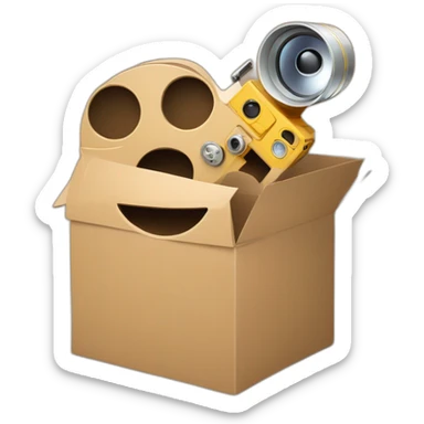 Video icons, movie camera, film, play, logos, likes, thumbs up, marks, views, coverage, applause fly out of a Cardboard box sticker