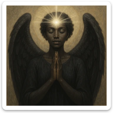 a serene black angel with hands together in prayer, radiant third eye emitting light sticker