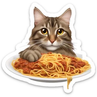 brown tabby long hair maine coone eating spaghetti bolognaise  sticker