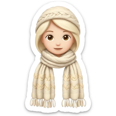 cute soft-matte emoji of an ivory scarf with thick cable-knit patterns, light beige accents, cozy and fluffy winter texture, gently folded shape, minimal details, warm and soft shading sticker