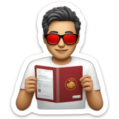 cool tech CEO holding red Singapore passport wearing glasses. Shirt says ONLOOP sticker