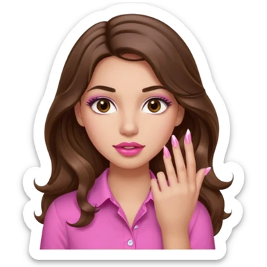 girl with long wavy brown hair, brown eyes, light to medium complexion, in a pink shirt, pink lips, long lashes, puckered lips,  showing  finger nails sticker
