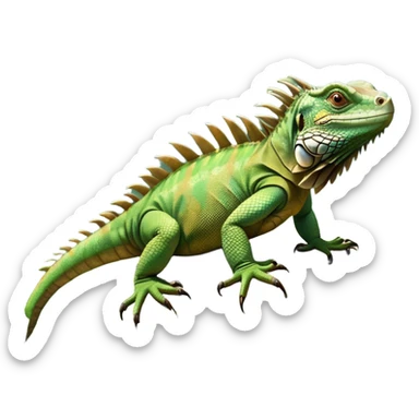 cinematic-iguana-realistic-full-body-basking-emoji,-long-scaly-body-stretched-out-on-a-sunlit-rock,-spiny-ridge-running-down-its-back,-textured-green-and-brown-skin-dappled-with-light,-sharp-intelligent-eyes-studying-the-surroundings sticker