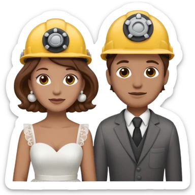 bride and groom couple, both with brown hair, bride has curlers in her hair, both wearing construction helmets and flats, emoji style sticker
