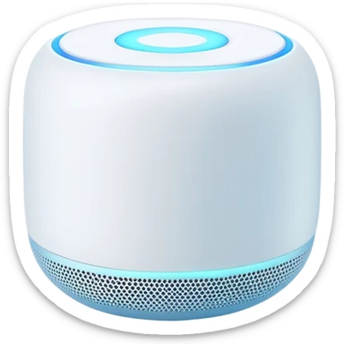 Modern Apple-style smart speaker, elegant and minimalist design with soft glow on top sticker