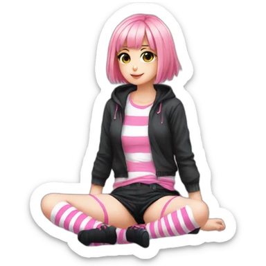 full body Front view emo girl sits on the floor black skirt pink knickers long striped socks sticker