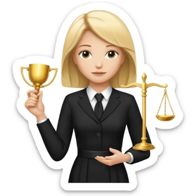 woman lawyer blanche et blonde avec des cheveux mi-long; elle est habillée avec une longue robe noire et une cravate blanche; elle soutient fièrement le symbole de la justice sticker