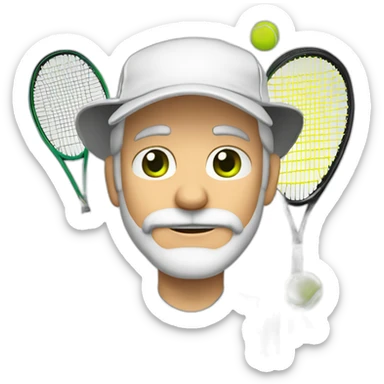 Tennisplayer green-eyed white-male in his 50s,gray-hear, gray-beard, white cap and white-shirt with tennis-raquet and tennis-ball sticker