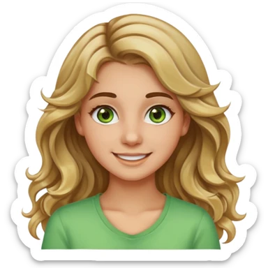 20-year-old girl with long wavy hair brown roots blonde highlights green eyes brown eyebrows good summer tan iPhone emoji style sticker