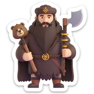 Russian pagan warrior with bear fur, battle axe, Slavic sun symbol amulet, long braided beard sticker