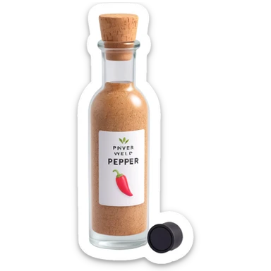 3D style vintage look pepper bottle, cork stopper, frosted glass, label on front, black pepper inside sticker