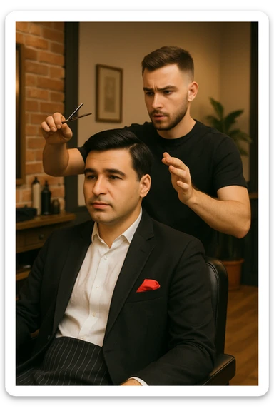 manashu akani yuzlaridan foydalanib sartarosh chizib bergin u soch olishga tayyor turganini chizib ber old rakursda bulsin mijoz tugriga qarab utirganini va sartarosh uni orqasida turib bitta ulida qaychi, ikkta quli bilan tayyorgarlik kurib turganini chizib ber xuddi 1,2,3 boshladik degandey birdaniga ishga kirishib ketadigan dek tayyor bulib tursin sticker