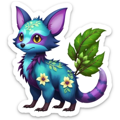 Realistic Sharp swampy mossy elemental ivy floral detailed Colorful translucent luminescent glowing Trico-Noibat-batty-Sergal-Furret-Ferret-Wolverine-Vernid-furry-fursona-fusion-Fakemon-animal-hybrid-creature, full body sticker