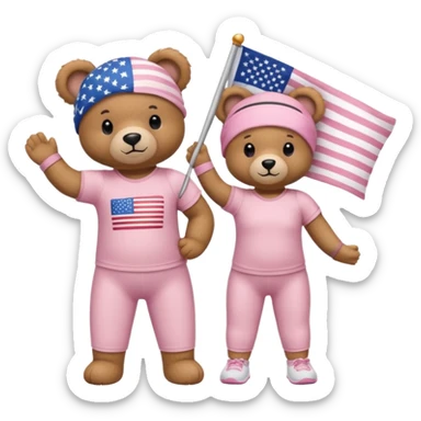 A light brown teddy bear wearing light pink clothes with a US flag print, and another with a Pilates band on its head and wearing sportswear. sticker