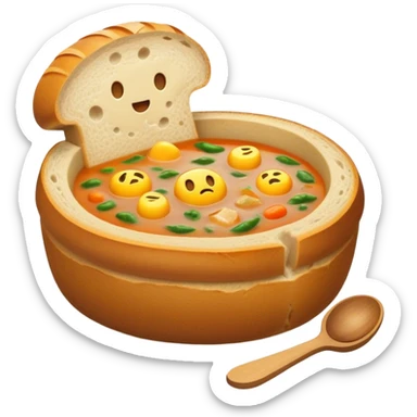 Żurek Cinematic Realistic Żurek Soup Dish Emoji, depicted as a tangy rye soup served inside a hollowed-out round loaf of bread, rendered with rich textures and dynamic, comforting lighting. sticker