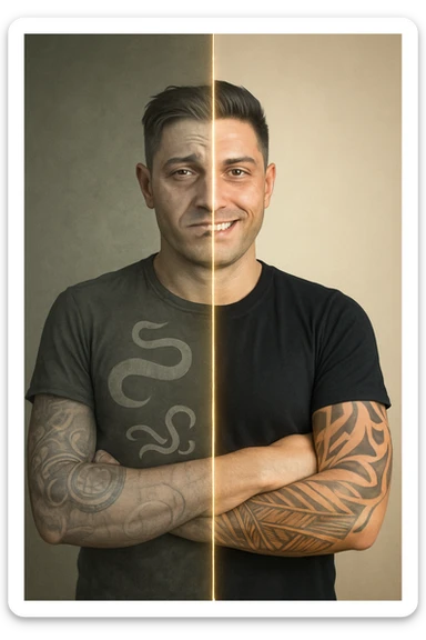 a man is depicted in two halves—on one side, he appears tired and weighed down, with faint, ghostly images of parasites visible inside his torso; on the other side, he is vibrant and healthy, with clear skin and bright eyes, the parasites gone. A visual transition or glowing line separates the two states, symbolizing recovery. sticker