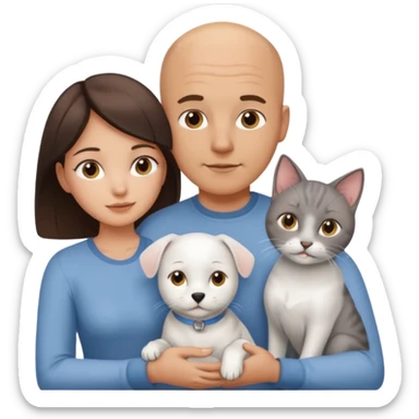 Bald guy and brunette girl with a white dog and Grey cat sticker