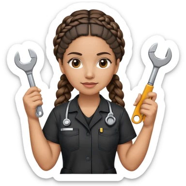 A 40-year-old Latina woman with light brown skin, working as a car mechanic, wearing all black mechanic scrubs, with two braids pulled back from her head sticker