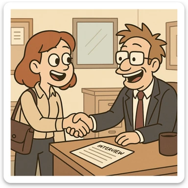 cartoon style illustration of two people shaking hands after an interview, cheerful expressions, office background sticker