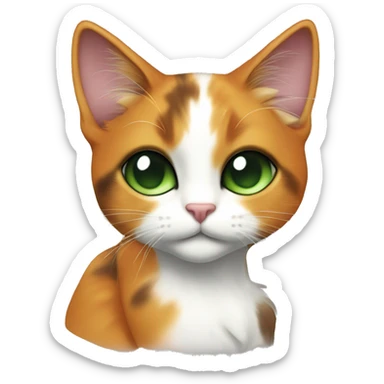 calico cat with green eyes.  a di black pattern around her eyes, The orange fur on her face extends from her forehead down to her mouth, creating a. Her chest and front legs are mostly white, sticker