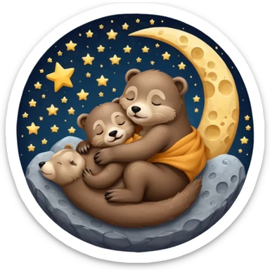 otter hugging a bear sleeping together on the moon sticker