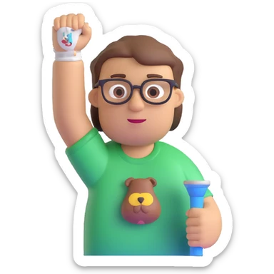 romanian boy with light skin and medium brown hair, holding up his arm in a cast, with a cartoon drawing of Peter Griffin on the cast sticker