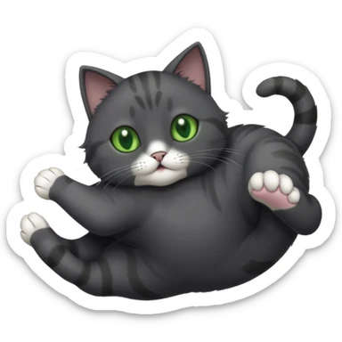 solid dark grey cat with green eyes, white toes/paws playfully rolling upside down sticker