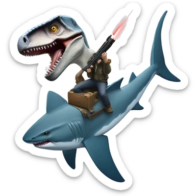 Velociraptor shooting laser guns while riding a great white shark sticker