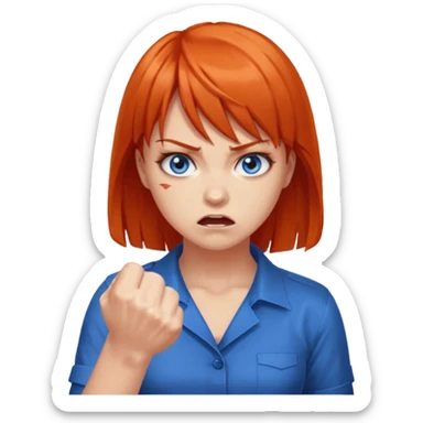 A woman with dark orange hair and bangs, blue eyes, an asmr streamer, angry, clenching his fist sticker