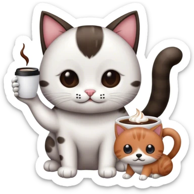 gatito de manchas blancas y negras dando la mano a un perrito de manchas blanco con café sticker