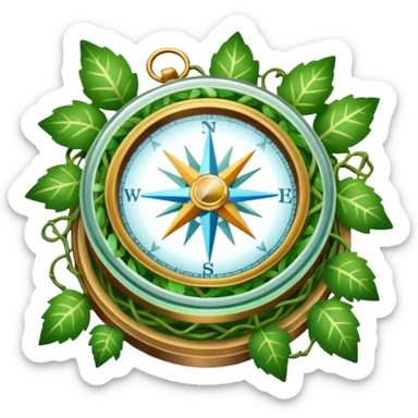 glowing crystal compass covered in vines sticker