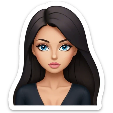 Glamours, tanned, beautiful, girl, with blue eyes, big pump peach-beige-rose lips, eyeliner, long lashes, black straight smooth silky long hair, straight parting hair,  in black v-neck bodysuit sticker