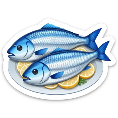 Fish dishes avatar in bright emoji-style illustration. Grilled fish, fillets, and seafood, blue and silver tones, simple shapes, flat design, fresh and flavorful. sticker