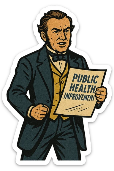 the full image of a middle aged victorian politician holding a document in his left hand which reads 'Public Health Improvement'. sticker