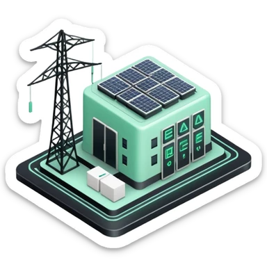 Énergie (Energy), 3D technical icon with black and mint green (#B5F4D3), energy regulatory framework with power grid schematics and compliance metrics sticker