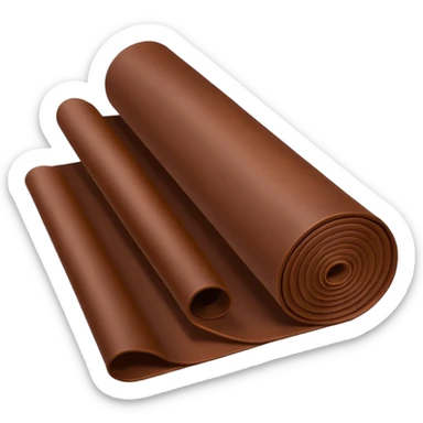Apple-style 3D emoji of a rolled sheet of industrial leather, smooth surface, deep brown color, soft sheen, folded like fabric, with slight creases showing its texture. sticker