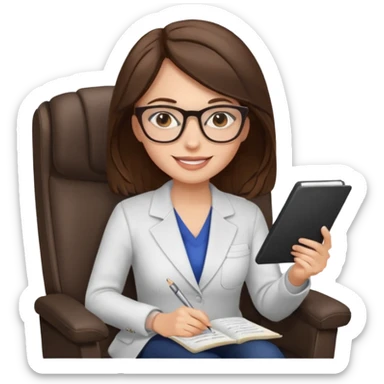 female therapist, brunette, brown eyes, light skin, sitting in a chair with notes, wearing glasses sticker