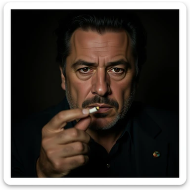 realistic close-up of a man resembling Robert De Niro in Goodfellas, cigarette in hand, serious expression, dramatic lighting sticker