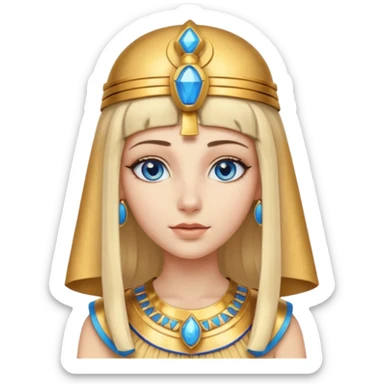 Cleopatra vestita da faraone con il cappello da faraone ma con gli occhi azzurri e i capelli lunghi biondi non troppo chiari con il cappello da faraone dorato senza frangia  sticker